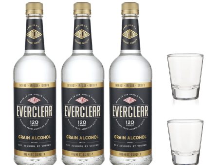 3 Everclear Grain Alcohol 120 Proof and 2 Clear Shot Glass - Package Online now